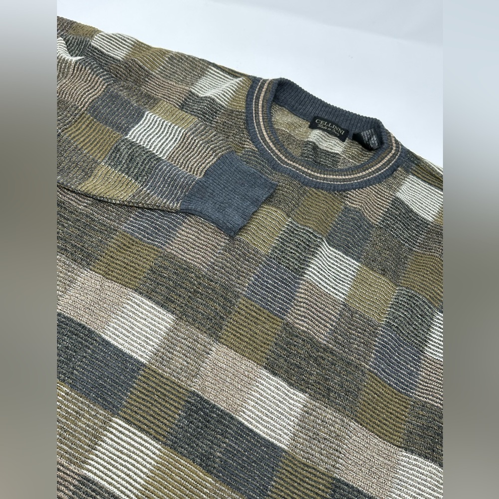 Cellinni Men's Sz L Pullover Sweater Multicolor Check Wool Blend Made in Italy